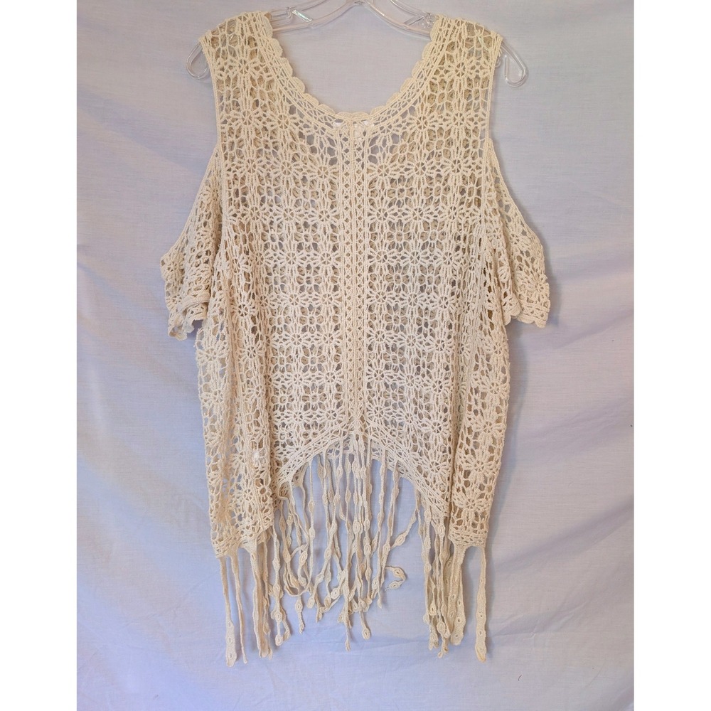 Boho Open Crochet Fringe Top 2X 100% Cotton Cold Shoulder Cream Hippie Festival - Picture 2 of 6